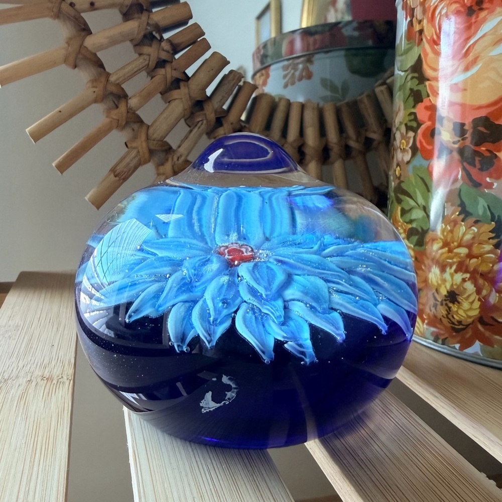 SOLD Blue Floral Glass Art Piece - Picture 2 of 4